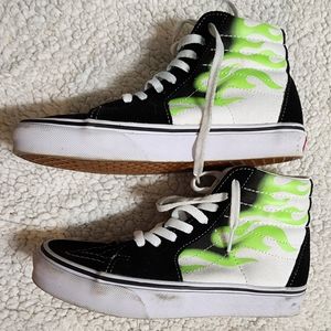 Vans Sk8-Hi Flame Black True White with Green Flame Womens 6 Men's 4.5